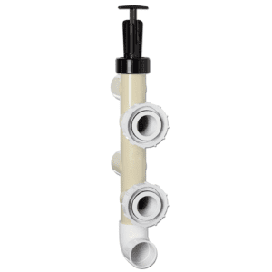 A white PVC Slide Pool Pump Backwash Valve by Pentair 263064 - 2 Inches with three pipes on it.